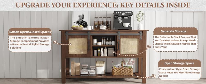 [Clearance Sale] AECOJOY Modern Buffet Cabinet Coffee Bar Storage with Rattan Barn Doors Adjustable Shelves & Bottom Open Shelf for Dining Room Kitchen Hallway