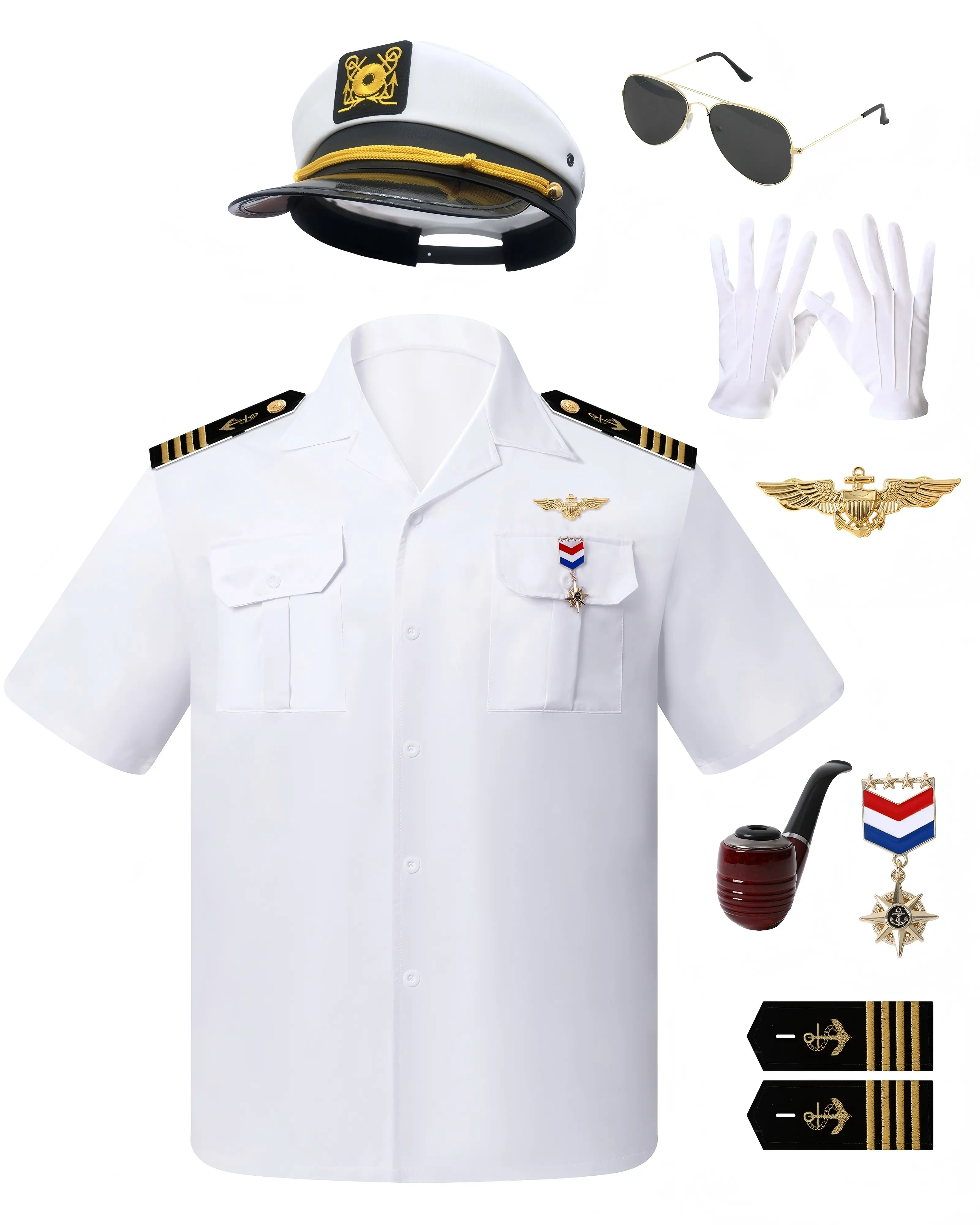 Adult Yacht Captain Costume Set, Men Captain Uniform, White Short Sleeve Shirt, Captain Hat, Epaulets, Brooches, Gloves, Accessories, Marine Sailor Uniform for Party, Photoshoot, Halloween Cosplay