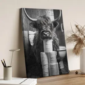 Funny Highland Cow Bathroom Print Black and White Animal Art