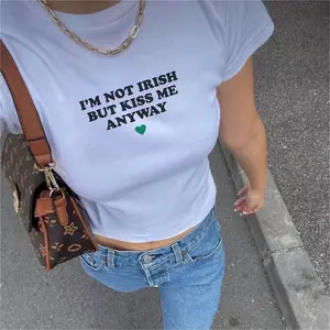 I'm Not Irish But Kiss Me Anyway Baby Tee, Funny St. Patrick's Day Shirt, Fitted 90s Style T-Shirt, St. Paddy's Outfit, Kiss Me Shirt