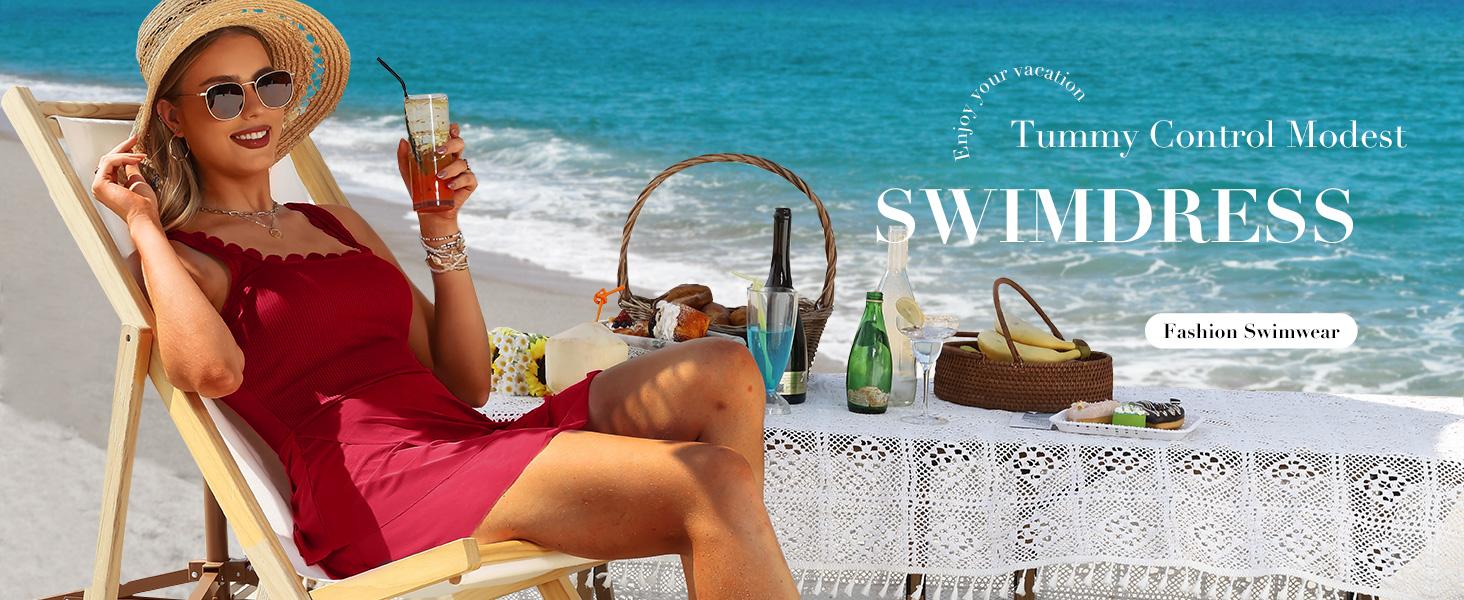 Charmo Women One Piece Swim Dress Tummy Control Swimsuit Full Coverage Bathing Suit Mesh Sheer Swim Skirt Swimwear