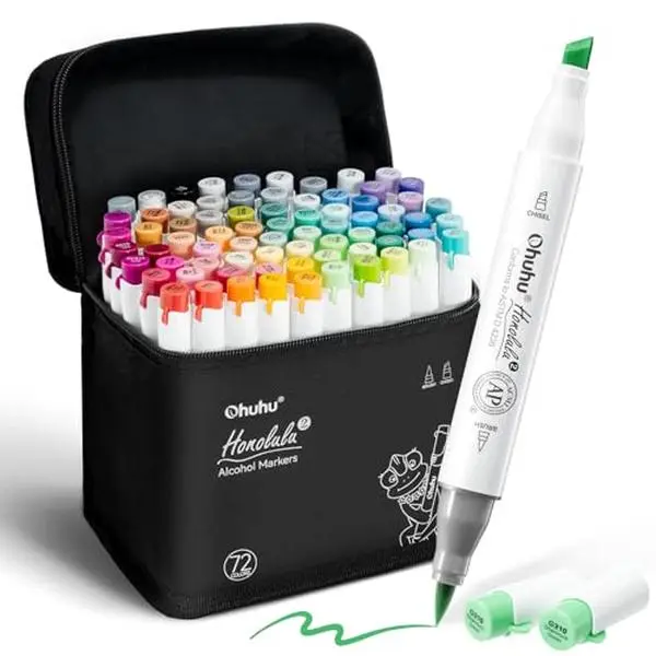 Ohuhu Alcohol Markers: Brush& Chisel / Fine - 72 Colors for Adult Coloring Refillable | AP Certified Art Marker Set, Dual Tips Alcohol-based for Artists Beginners Drawing Illustration Sketching - New Look - Honolulu 2 & 2B Series of Ohuhu