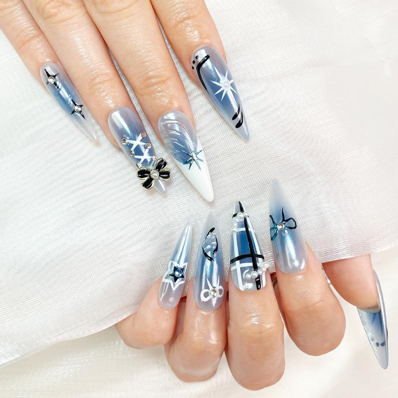 Reusable Press-On Nails Glossy Gel Finish Short Coffin Almond Easy Apply Remove Strong Hold Nail Kit for DIY Home Manicure with Nail File Glue and Storage Box