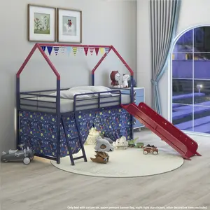 Jack Metal Double Attic Bed with Slide and Curtain Set, Superhero Red and Blue Color
