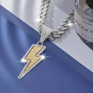 Sparkly Charm Thick Cuban Link Chain Hip Hop Jewelry for Men Rapper Costume Accessories Lightning Pendant Mens Necklace Cool Hip Hop Bling Gift for Him Boys Lightning Jewelry Chain