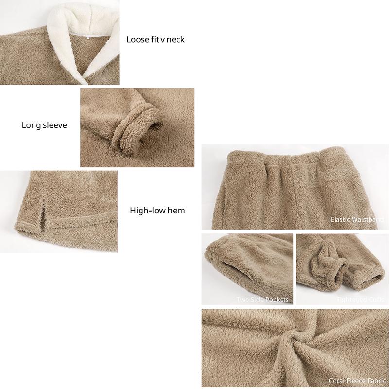 Naeduo  Women's Fluzzy Sherpa Fleece Pajamas Warm Pullover Lapel Sleepwear Sets