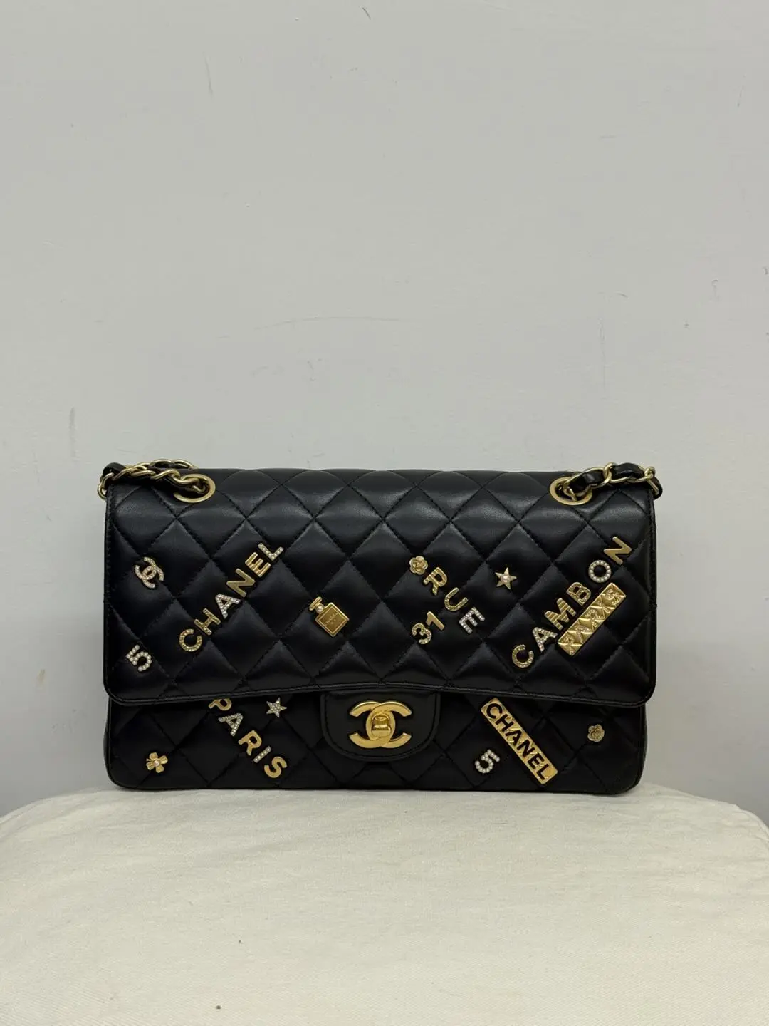 Pre-owned CHANEL Classic Flap Medium Limited Edition Lucky Charms Crossbody Bag Black Lambskin, Gold Hardware, 30 Series, Formal, Rare, Box, Dust Bag (Style Code: B2307040), Crossbody Bags, Additional Strap