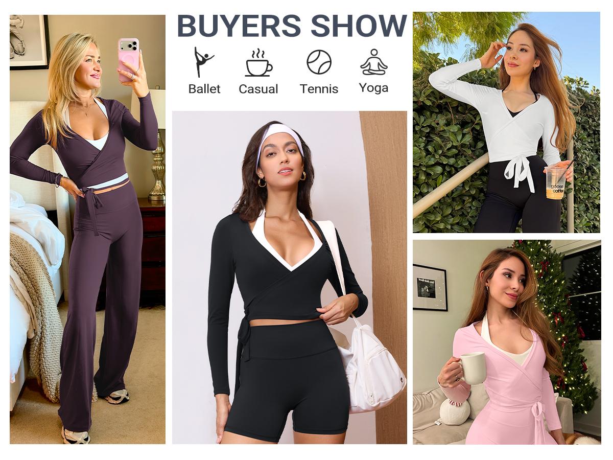 YEOREO Women Pilates Wrap Top Long Sleeve Tie Ballet Workout Yoga Shirt Michelie Y2K V Neck Cropped Tops Athletic Fashion Activewear