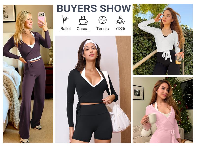 YEOREO Women Pilates Wrap Top Long Sleeve Tie Ballet Workout Yoga Shirt Michelie Y2K V Neck Cropped Tops Athletic Fashion Activewear