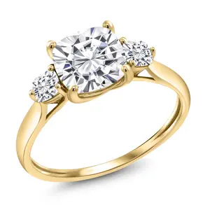 10K Yellow Gold White Moissanite Engagement Ring For Women | 1.96 Cttw | Cushion 7MM | Gemstone Birthstone | Three Stone Wedding Engagement Anniversary Promise Ring For Women
