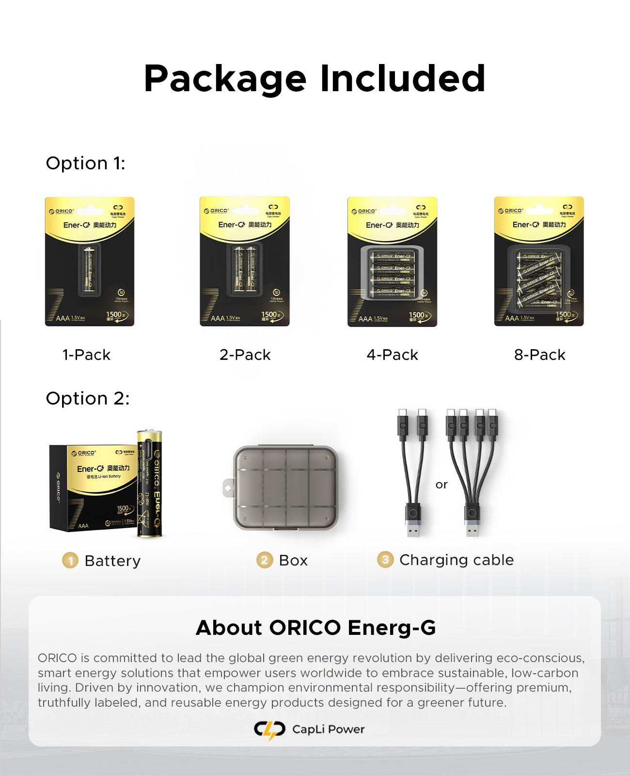 ORICO Ener-G Lithium ion Battery AAA Rechargeable Batteries with 1 Hour Fast Charge, Type-C Port 8 Pack, 1.5V 500mWh and Recharge Times up to 1500x, for Remote Controllers, Electronic Toys-EG7C