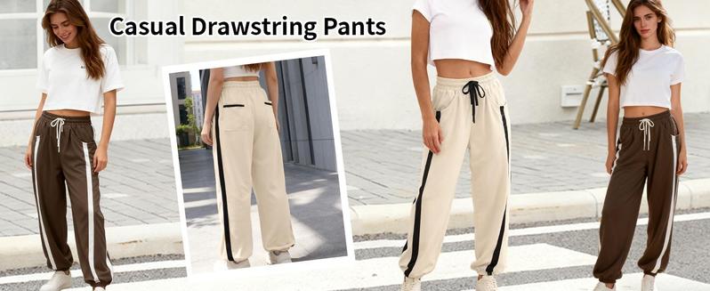 JovenPara Women's Baggy Wide Leg Track Pants Y2K Cotton Blend High Elastic Waist Drawstring Contrast Color Casual Workout Fall Fashion