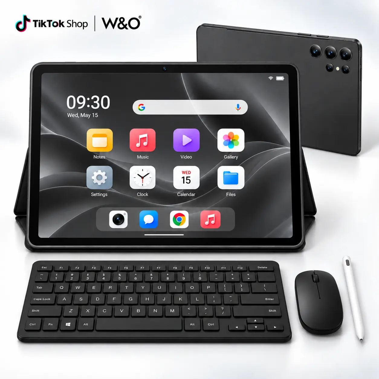 W&O X9 10.1" Touchscreen Android 15 Digital Tablet with Keyboard, 8GB RAM 256GB Storage, 8000mAh Battery, Dual-Band WiFi, SIM/microSD Card Support, 9-in-1 Set with Mouse Stylus Case, for Home Entertainment & Travel Gifts (charging-ready device)