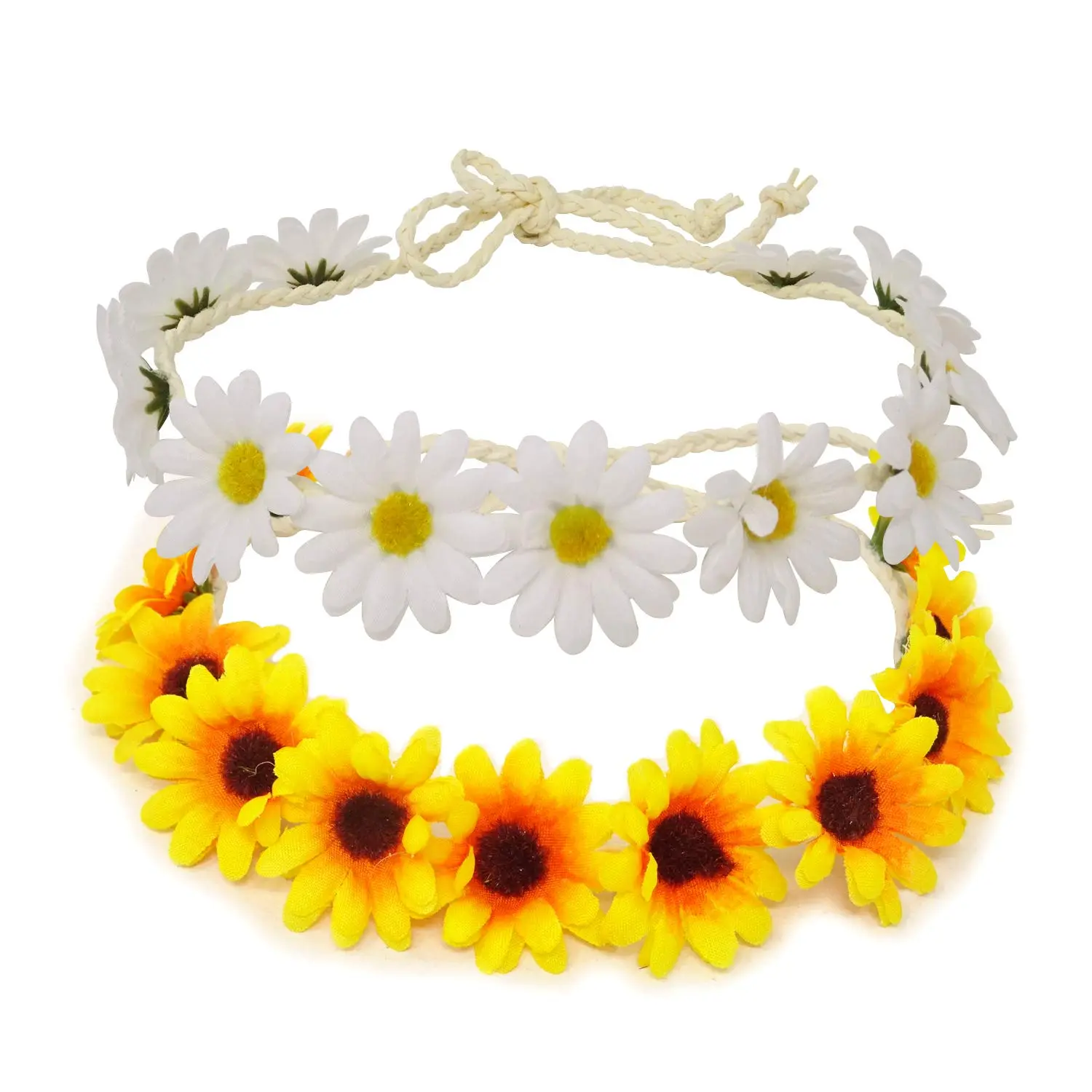 2PCS Fashion Floral Hair Accessories, Sunflower Hair Wreath, Festival-Bridal Headband (Yellow+White)