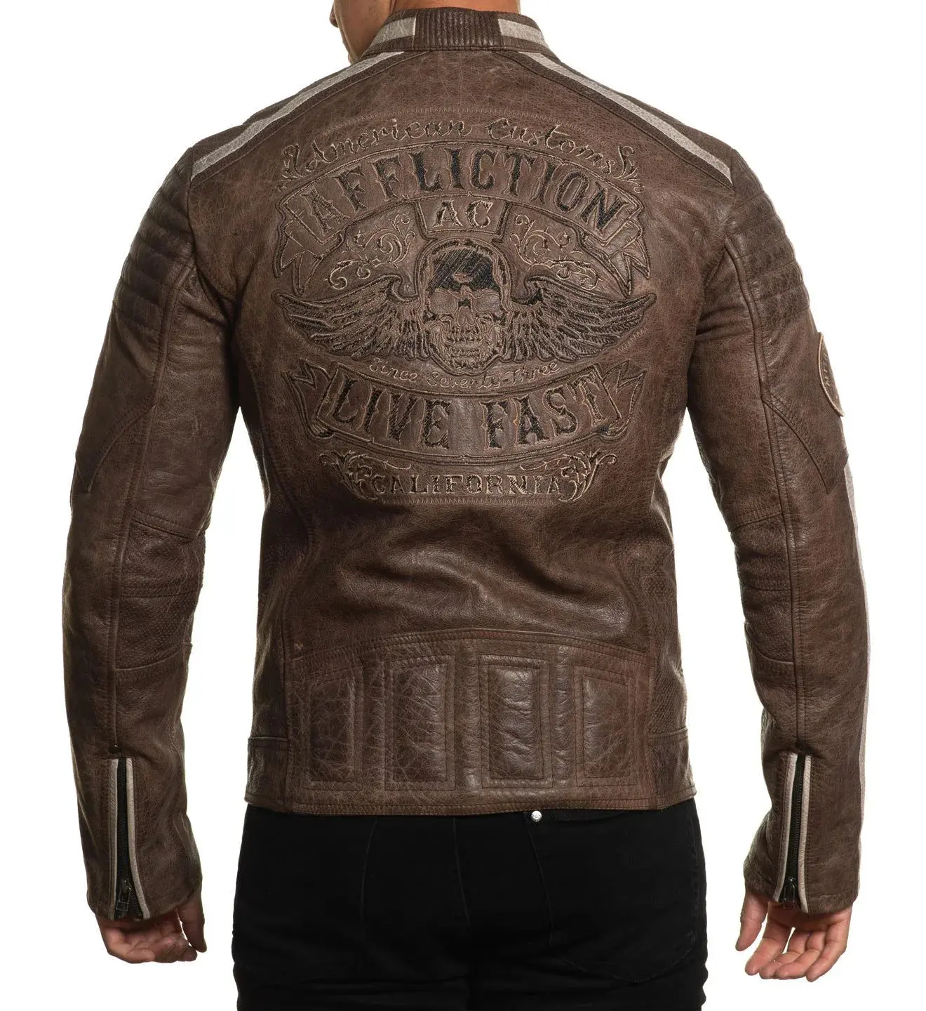 Affliction Men's Gothic 100% Leather Biker Jacket - Black Skull Graphic, Fashion Retro Style, Casual Long-Sleeve Front-Zip Top, All-Season Wear, Hand Wash Only, Check Sizing Chart
