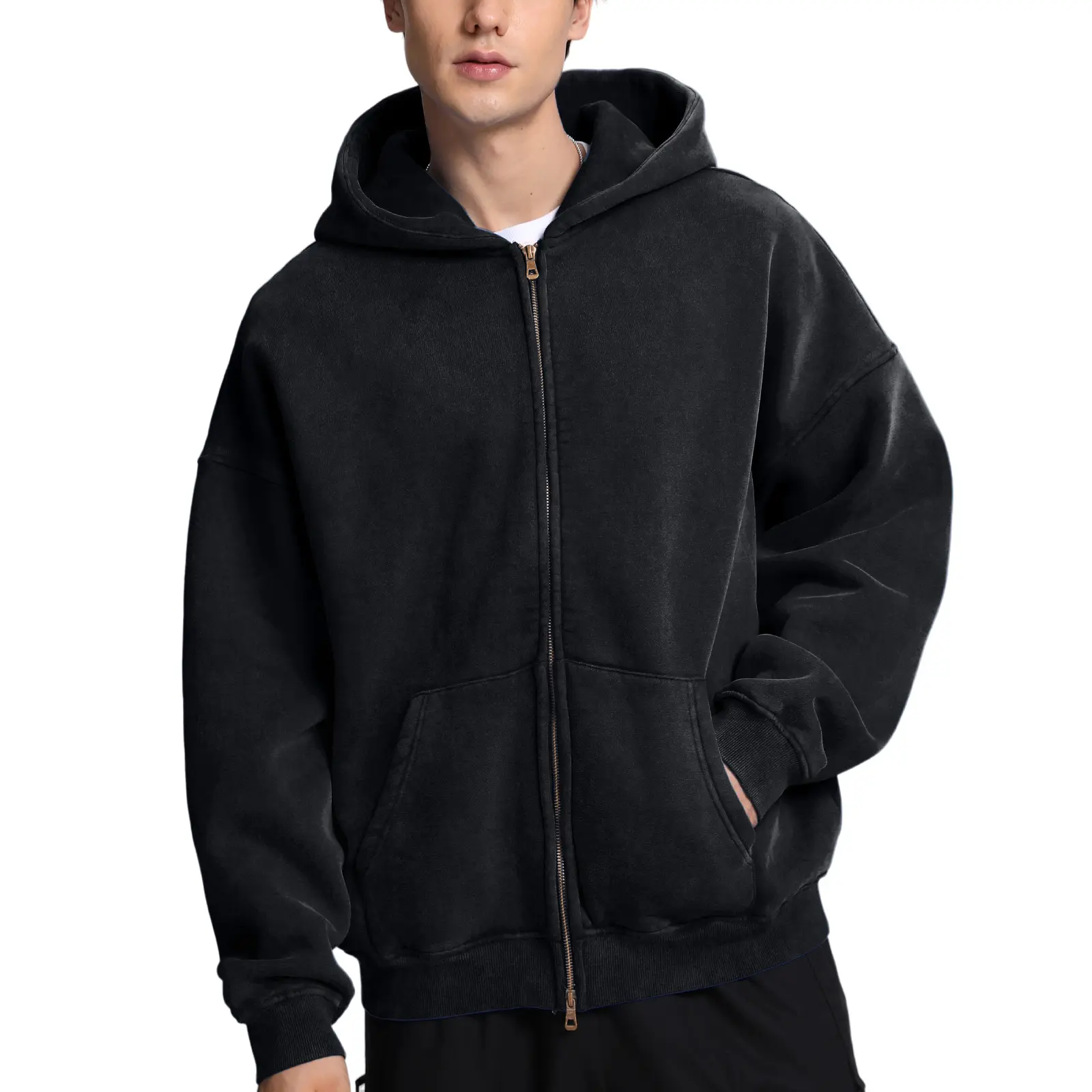FAIABLE Men's Oversized Acid Wash Heavyweight Fleece Cotton Double-Zip Hoodie - Unisex, Vintage Casual, Soft, Breathable, Smooth, Stretch Fabric Tops with Pockets & Round Neck Sweatshirt