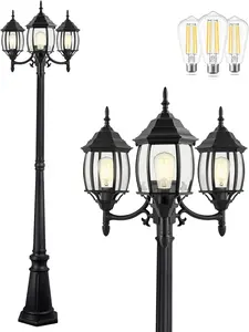 Outdoor Lamp Post Light 3-Head, Classic Black with Clear Glass Panels, E26 Base Maximum 100W (3 LED Bulbs Included), Waterproof Street Light for Backyard, Garden, Driveway