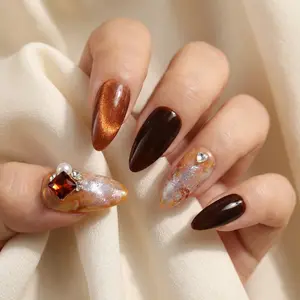 Maillard Press On Nails Almond Shape - Glossy Brown & Copper Cat Eye Fake Nails with 3D Rhinestone Design, Reusable Medium Length Glue On Nails for Women & Girls