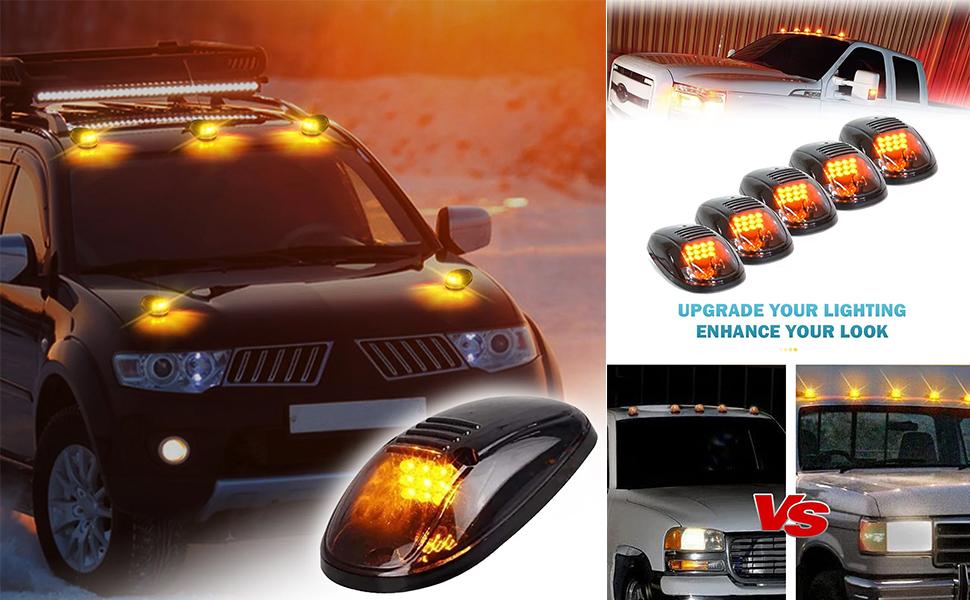 5 X Cab Marker Light, Compatible with 2003-2018 Dodge Ram 1500 2500 3500 4500 5500 Pickup Trucks Smoke Lens Amber LED Housing Cab Roof Running Lights, Top Clearance Light w/Wiring Pack