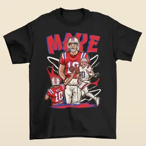 Drake Maye Cartoon Style New England Football T-Shirt, Playful Fan Apparel for Patriots Supporters & Sports Enthusiasts Cotton Fabric