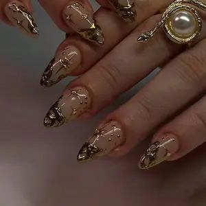 24pcs Short Almond Shaped Nail Tips, Modern Elegant 3D Gold Foil Wave Decor, Minimalist Classic Gold 3D Shiny Asymmetric Lines, Complete Fake Nail Set, Upgrade Your Style, Change Your Nails, Suitable For Daily Use And Music Festivals. Nail