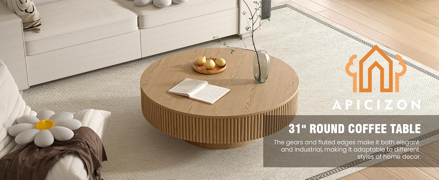 Apicizon 31.5'' Round Fluted Coffee Table, Mordern Wood Coffee Table for Living Room, Boho Drum Table for Small Space, Circle SideTable, Nesting End Table for Apartment, Easy Assembly