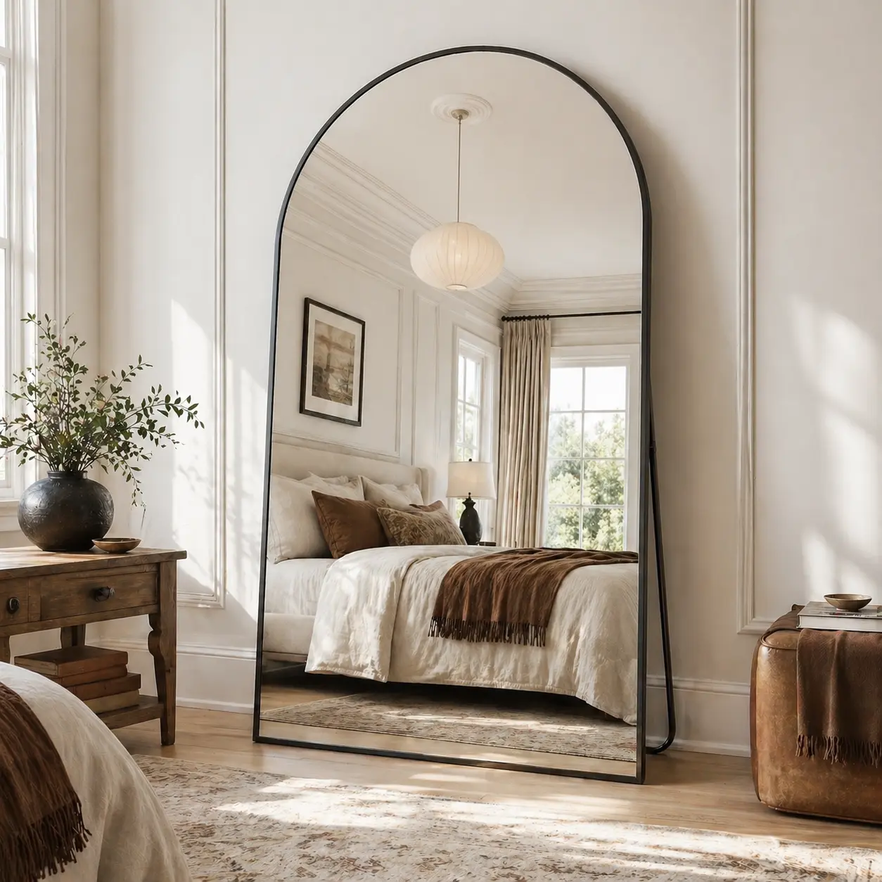 Antok Oversized Arched Full Length Mirror with Stand Floor Free Standing Aluminum Frame for Bedroom Body Hanging Leaning Modern Simple Home Decor Shatter-proorf Nano Glass Wall, Gold/black-Rounded