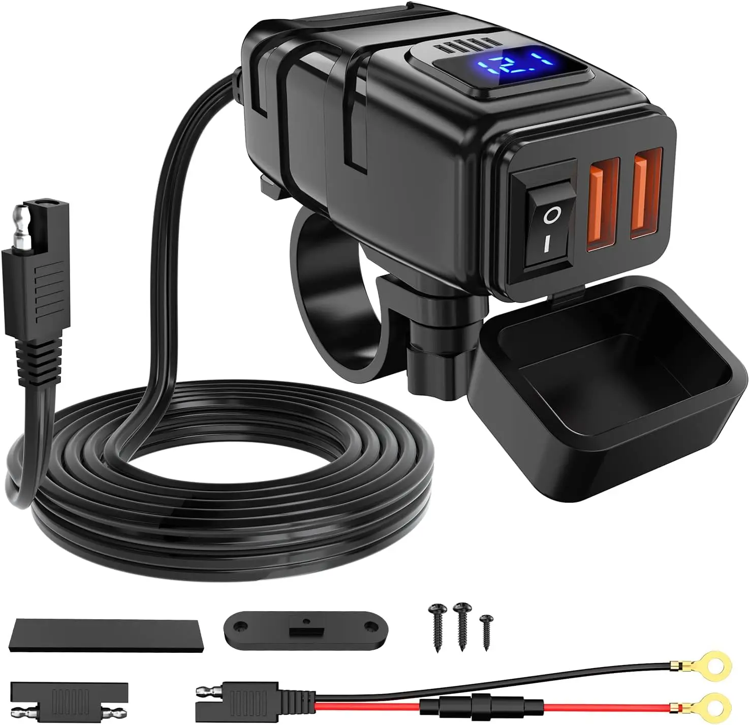 Nilight 12V Vehicle Adjustable Fast Charging USB Type A Charger - 6.8A Dual QC3.0 Ports, 10A Inline Fuse, SAE Adapter, Independent On-Off Switch, Voltmeter, Waterproof, 7/8in Rubber Handlebar Mountable, 42.5in LED Light Compatible for Cars, Motorcycles