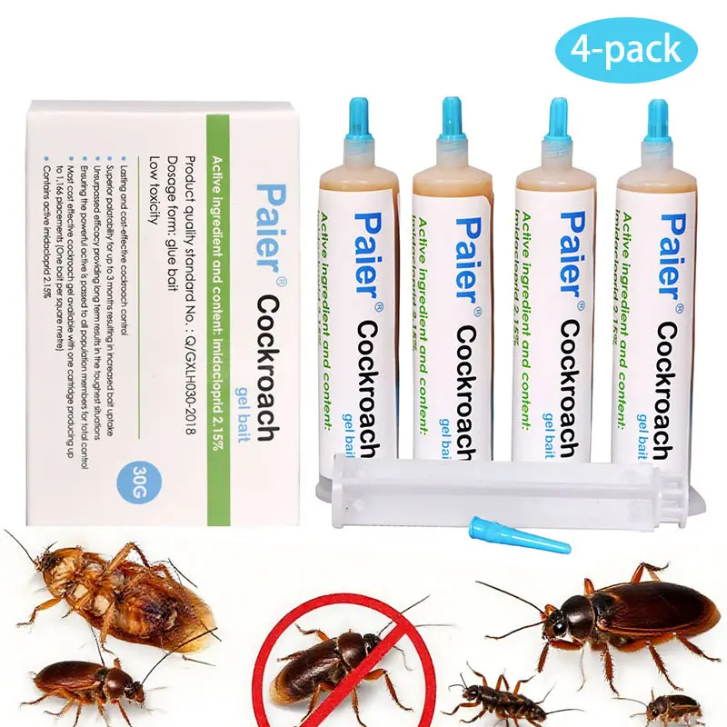 Paier Indoor cockroach killer, 4-pack, 30g per tube, 1 dropper, 2 nozzles, German cockroach control, suitable for both indoor and outdoor use, cockroach gel, applicable to American cockroaches, German cockroaches, and other cockroach species.