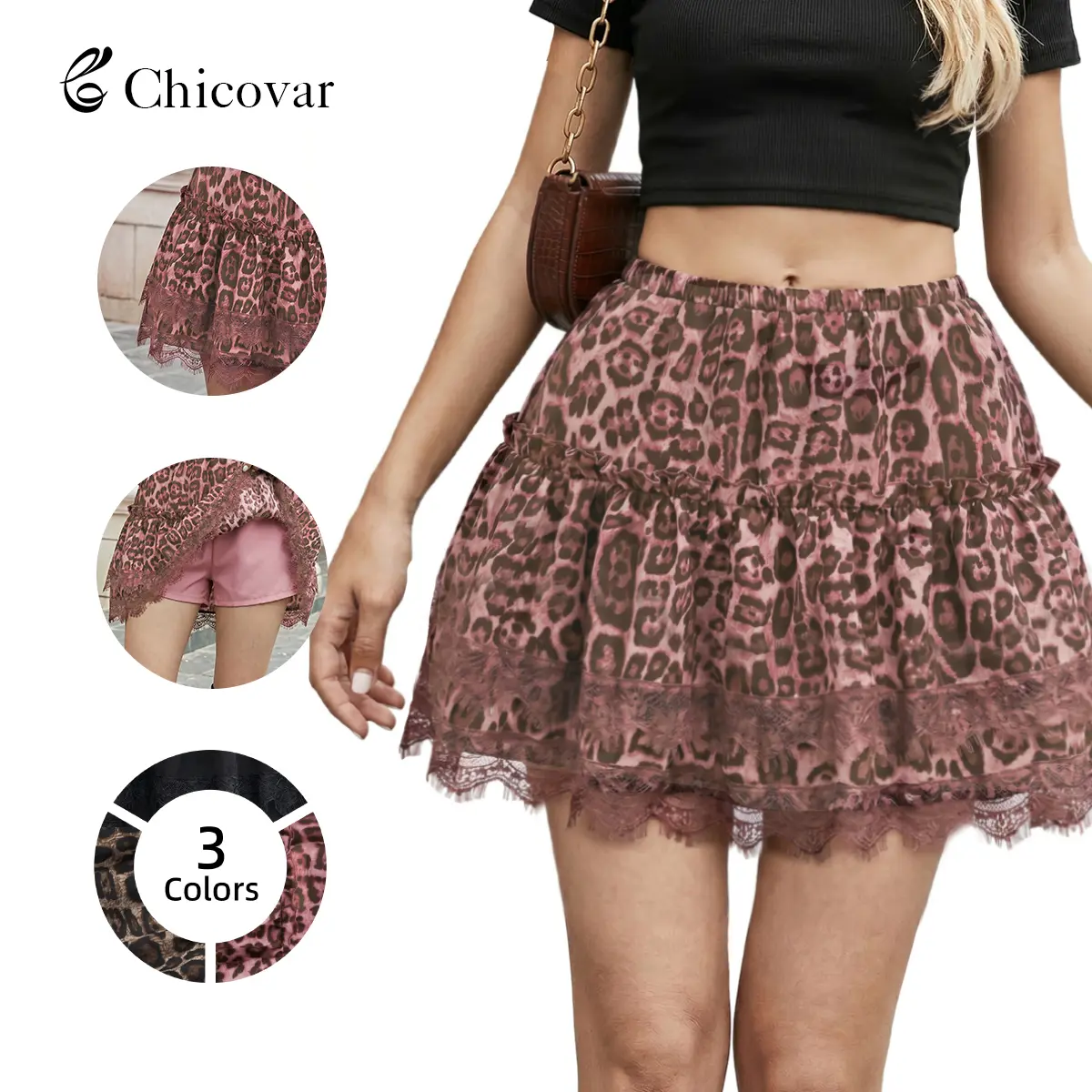 Chicovar Women's Leopard Skort, Ruffle Lace Trim Mini Skirt with Shorts, Leopard & Plain, Elastic Wasit, Perfect for Concert, Party, Casual Wear, Summervibes