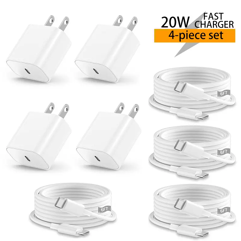 4-Pack 20W Super Fast Charging USB-C Wall Charger Block with 4-Pack 6FT USB-C to USB-C Cable for iPhone 17/16/15 Pro Max，and so on Quick Connect Adapters Multi Ports