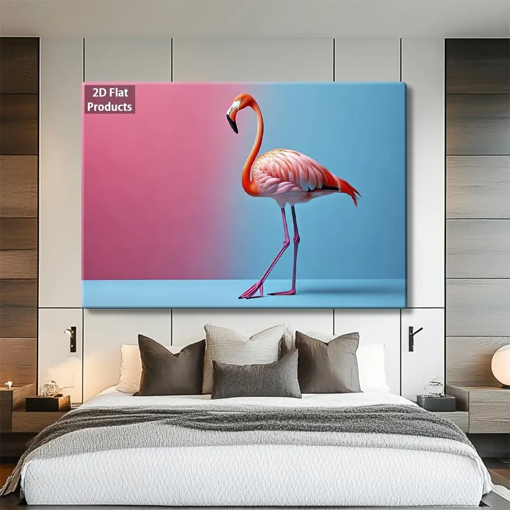 2D Flat, 1pc Pink Flamingo Wall Framed - Retro Style Suitable for New Year's & Valentine's Decor, Pink Flamingo on Bright Blue Background for Living Room, Bedroom,, Wrap-Around Frame Decoration, 2D Flat	