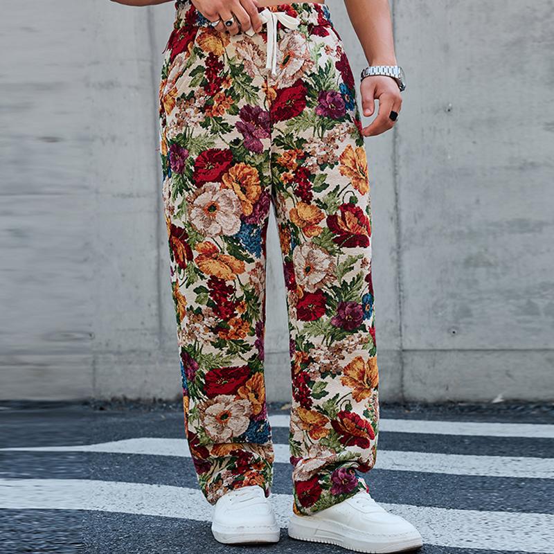 Men's straight-leg pants featuring a retro floral pattern, stylish aesthetic, elastic waistband with adjustable drawstring, loose straight-leg design for comfort and freedom of movement, suitable for everyday casual wear, comfortable active freedom