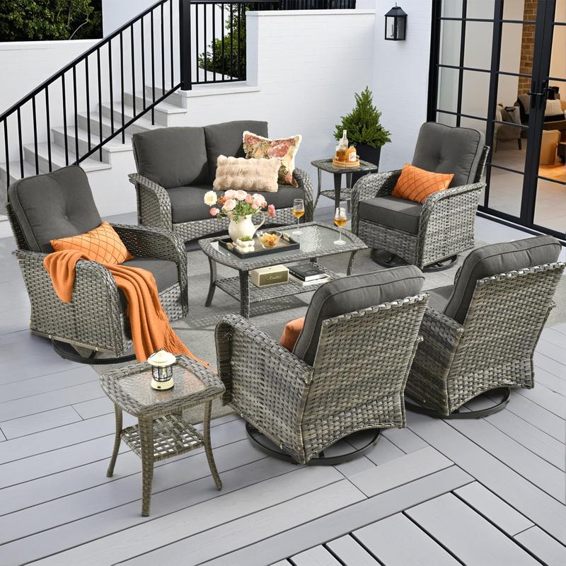 8-Piece Wicker Patio Furniture Set, All-Weather Rattan Conversation Bistro Loveseat Chair and Patio Rockers Set for Backyard, Balcony and Deck with Soft Cushions and Metal Table