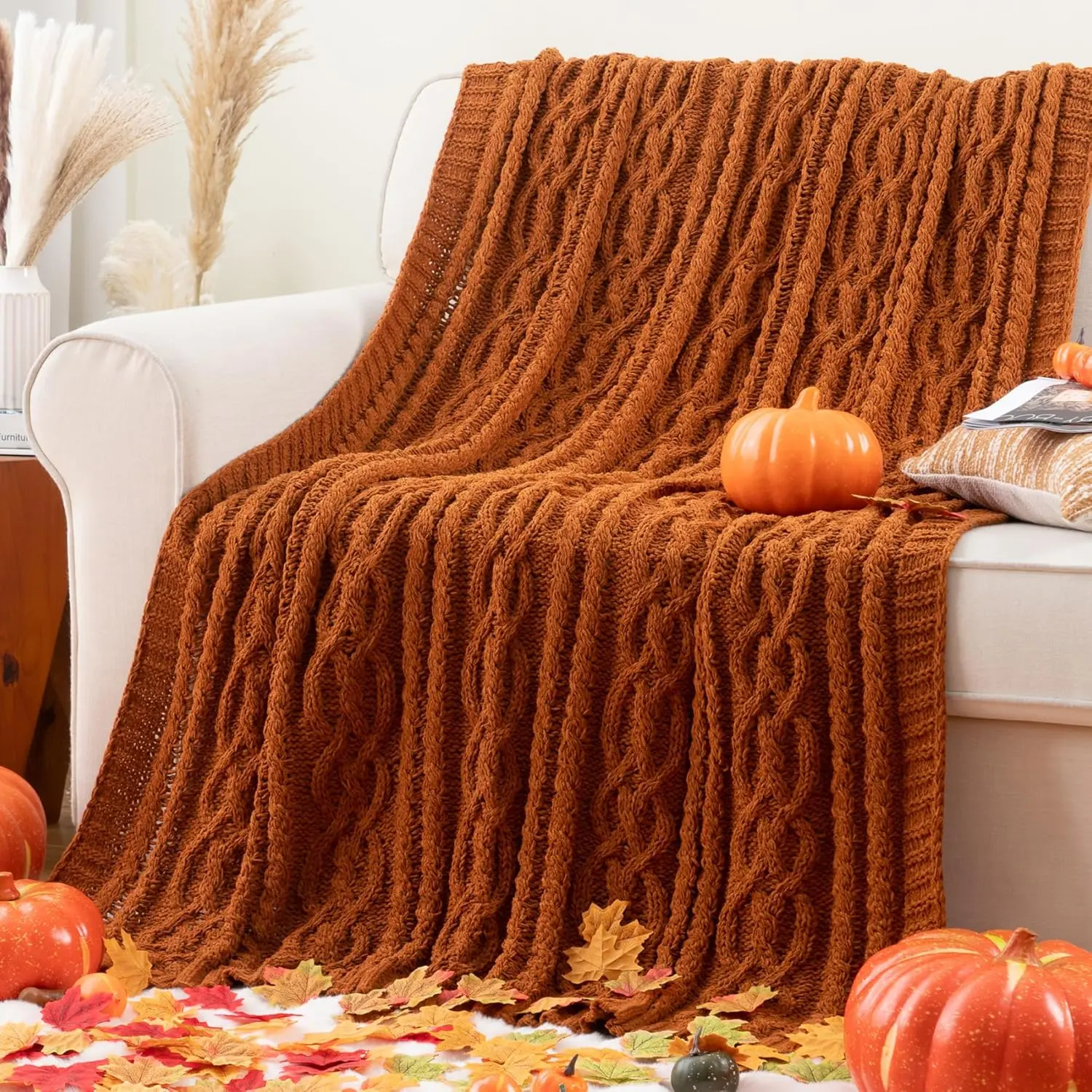 Battilo | Chenille Cable Knitted Throw Blanket - Soft, Cozy, No-Slip, Neat Edge Home Decor Blanket for Couch, Nap, Bed