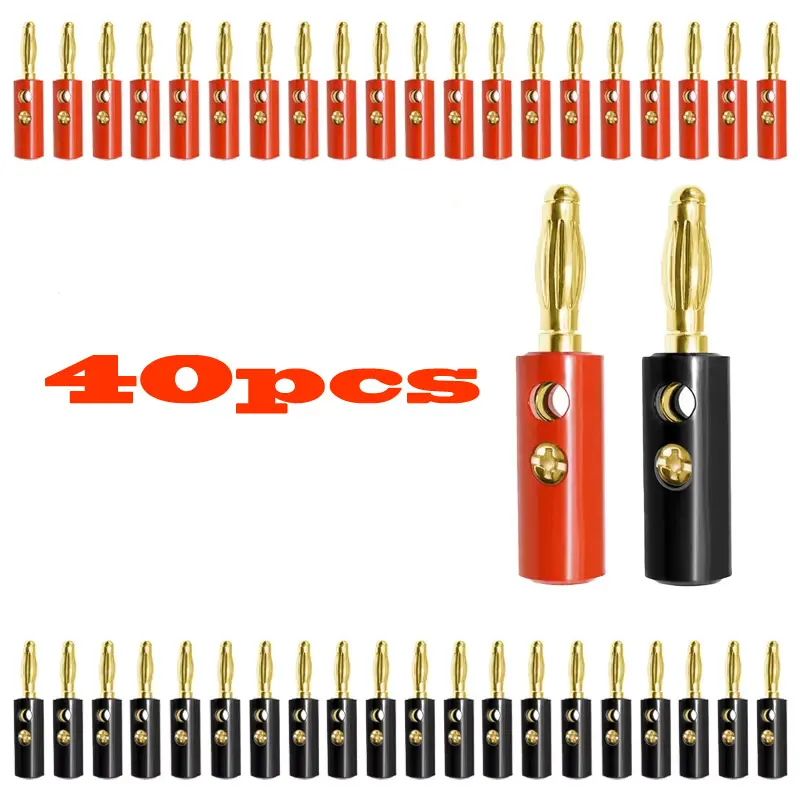 40PCS 4mm Gold Plated Stackable Banana Plugs - 0.87x3.82cm Metallic Adapters, 20x Black Units, Metal-Plastic Screw Connectors, Plug-and-Play for Speaker Wire Cables & Setups (Red Audio Accessories), Audio Setups