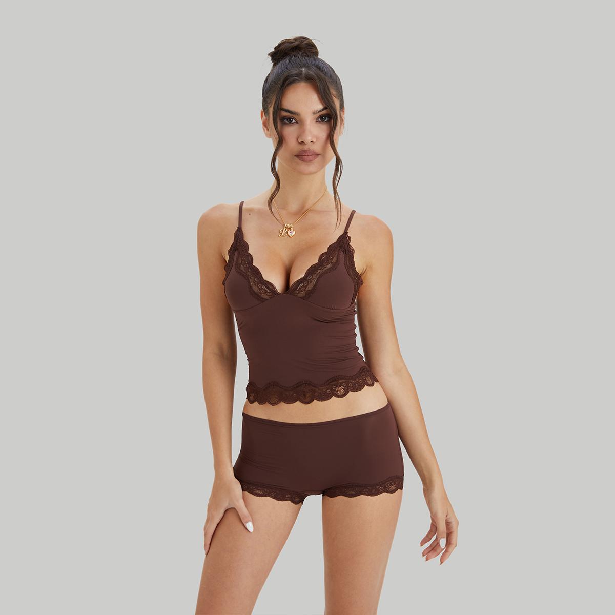 LUMENNEST Lounge Women's Minimalist Lace Series Spaghetti Strap Lace Trim Wirefree Breathable V-Neck Camisole & Panties Set, Basic Underwear Set LUMENNEST Lounge Women's Minimalist Lace Series Spaghetti Strap Lace Trim Wirefree Breathable V-Neck Camisole & Panties Set, Basic Underwear Set
