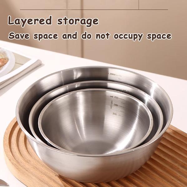 Four-piece mixing bowl set, stackable kitchen bowls with anti-slip bottoms, stackable food preparation bowls suitable for baking, cooking, salad making, dough mixing, stirring, meal preparation, serving and kitchen storage.