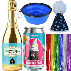 Dog Birthday Booze Bundle by Yappy Hour | Non-Alcoholic Dog Beverages | Champaws, Barkday Beer, Party Hat, Bowl, Party Beads | Doggy Drinks | Dog Birthday