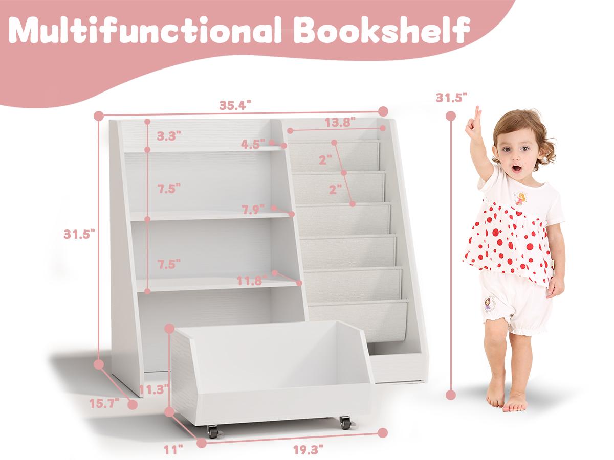 4-Tier Rolling Toy Storage Cabinet for Kids, 5 Layer Sling Toddler kids furniture,Baby Furniture Book Rack,Book and Toy Organizer Cabinet  with Wheels , White.