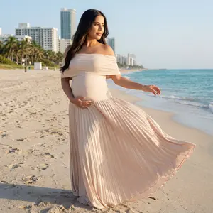 Apricot Off-Shoulder Ruched Maternity Maxi Dress with Flared Hem for Baby Shower Photoshoots