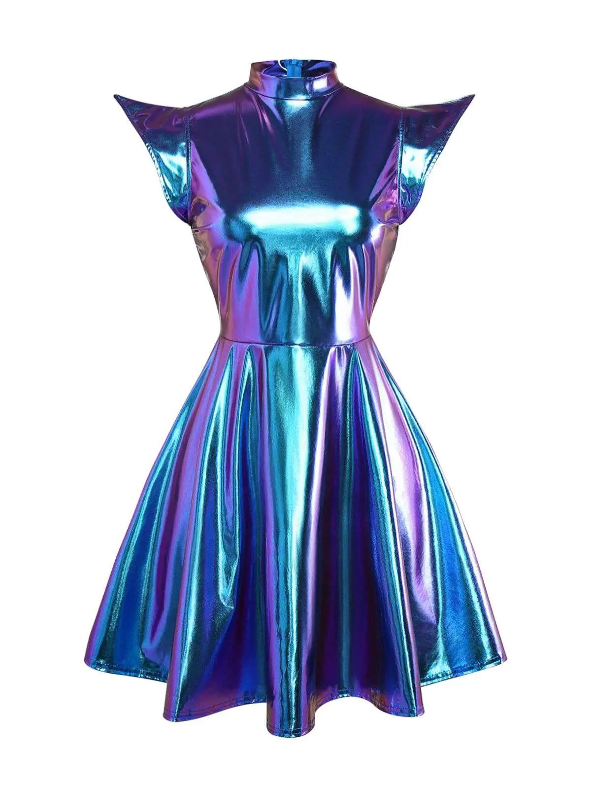 RETRO STAGE Women's 1980s Metallic Mini Dress, Stylish Futuristic Sleeveless Party Dress with Slight Stretch, Stylish Women's Wear, Concert Wear, Above Knee, Going Out Outfit, Sleeveless Freedom, Sci‑Fi Retro Edge BackToSchool