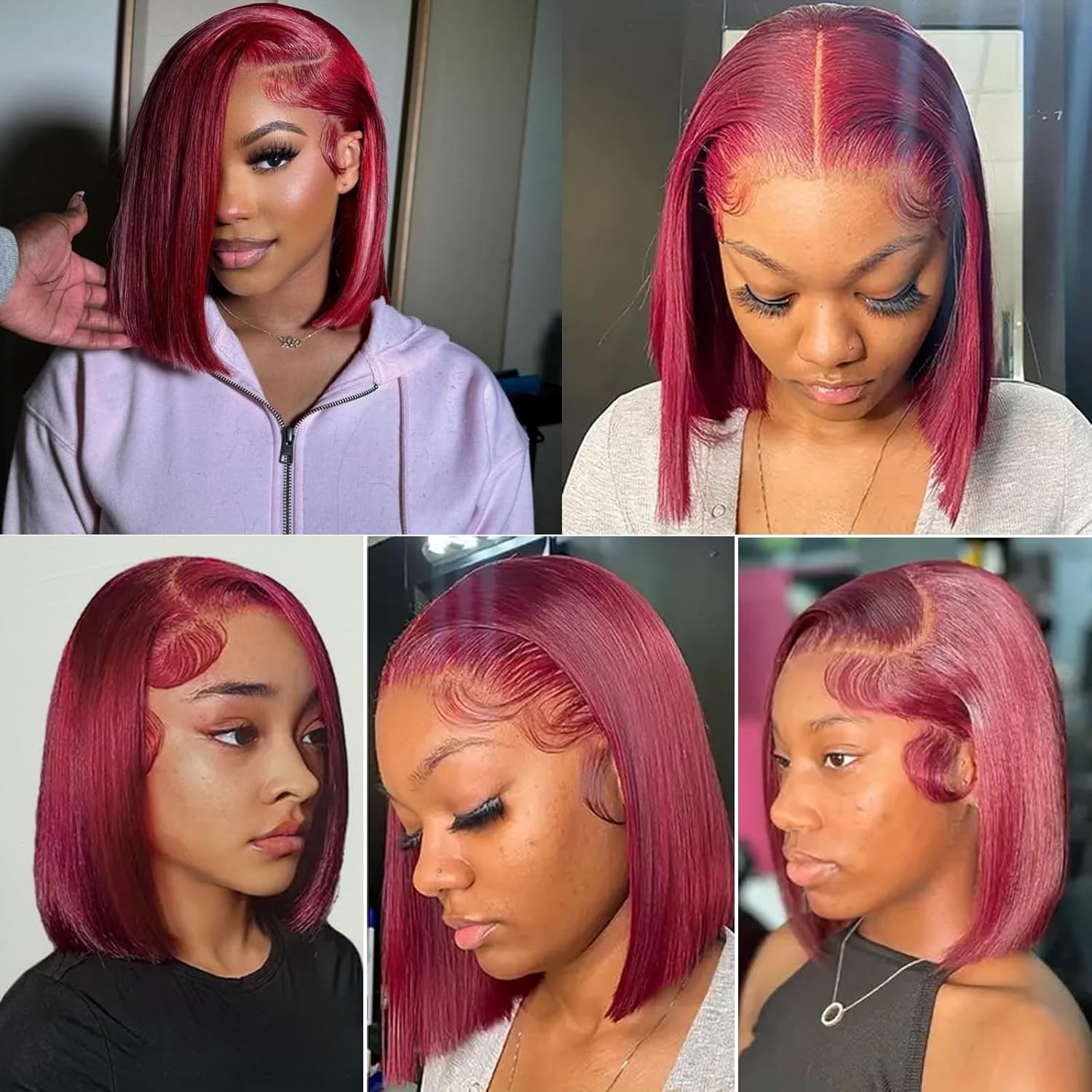 Bob Wig Human Hair 13x4 HD Lace Frontal Short Straight Lace Front Bob Wigs for Black Women Human Hair Pre Plucked Glueless Side Part 180% Density Wine Red 99J Burgundy Color 12 Inch