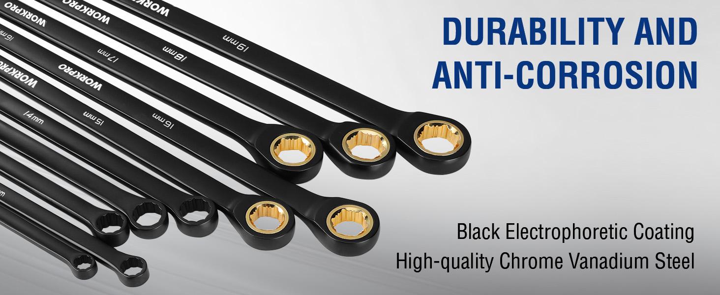 #JumpstartSale WORKPRO Extra Long Ratcheting Wrench Set, 10-Piece Anti-Slip Double Box Wrenches Set, Metric 8-19 mm, 72-Teeth, Cr-V Steel and Black Electrophoretic Coating Wrenches with Rolling Pouch