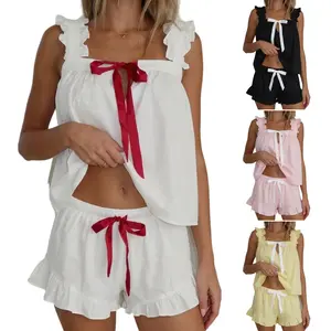 Women Coquette Contrast Bow Ruffle Pajama Set Square Neck Smocked Babydoll Top Ruffled Mini Shorts Pjs Multi Color Bridal Bridesmaid Coquette Sleepwear Loungewear