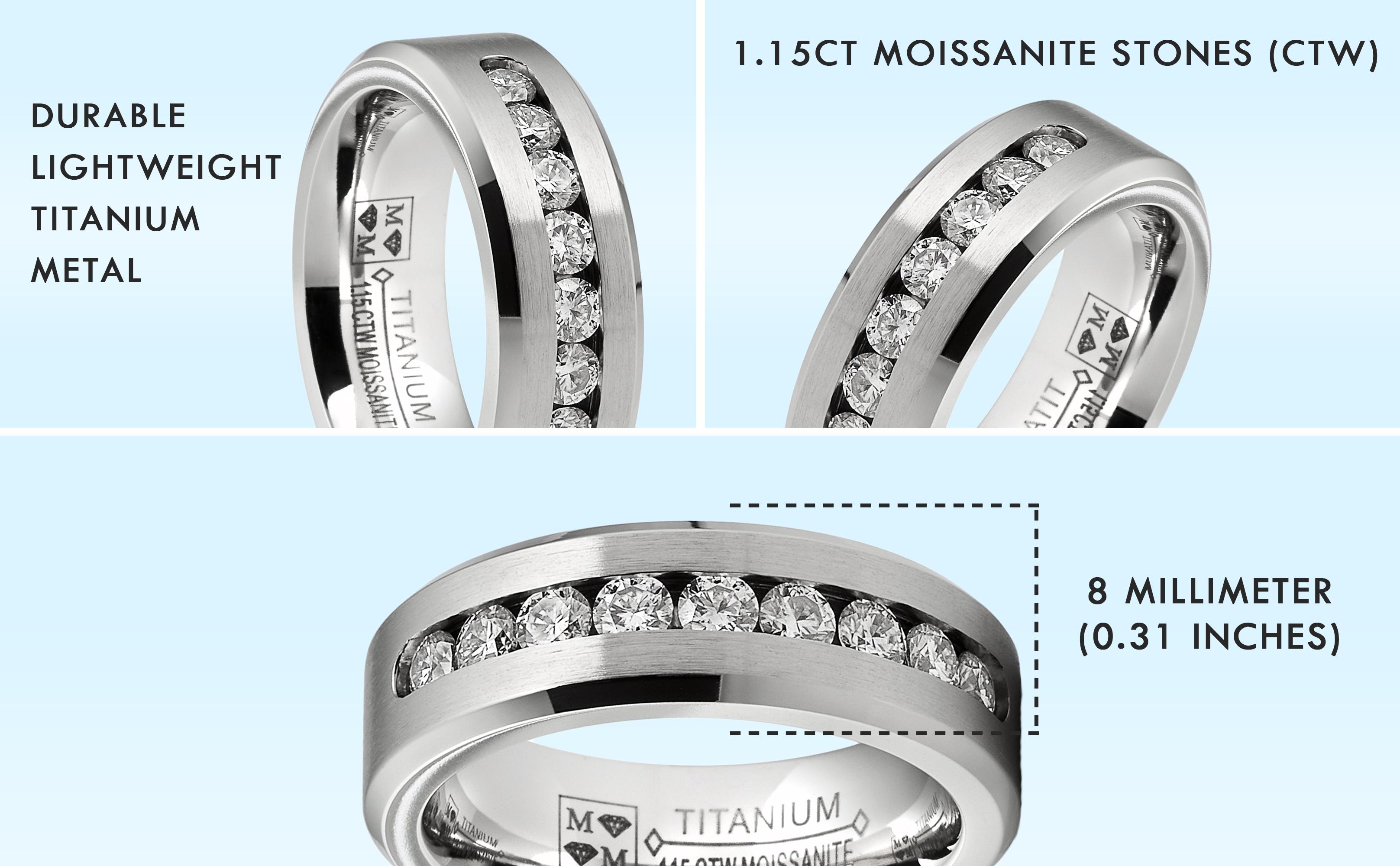 1.15 Carats Moissanite Mens Ring Wedding Band 9 Large Channel-Set 8MM