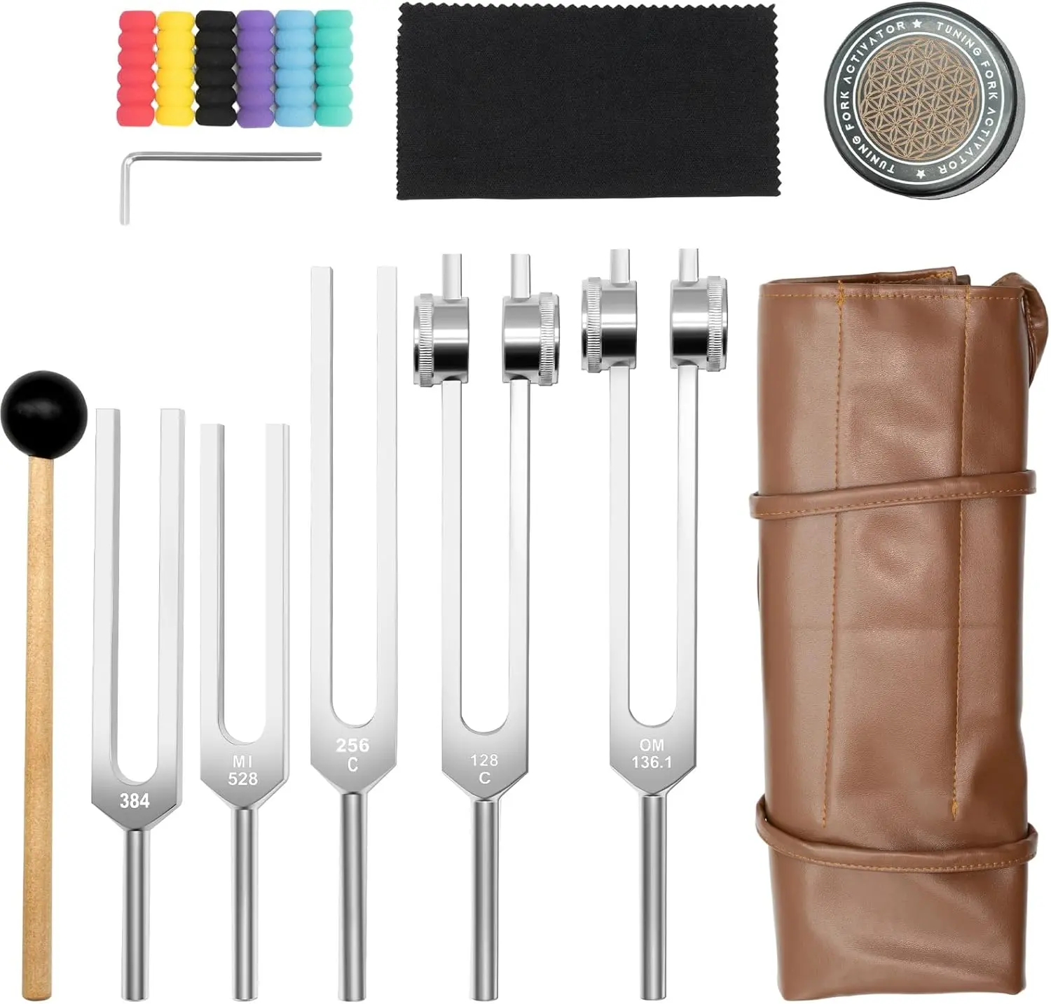 Sound Healing Tuning Forks Set - Stylish, Compact, Ergonomic, Lightweight Aluminium, Weighted & Unweighted, 128Hz, 136.1Hz, 256Hz, 384Hz, 528Hz, for Stress & Anxiety Relief, Includes Activator, Pouch, Rubber Mallet, Tuning Fork, Stress Relief, Portable, M