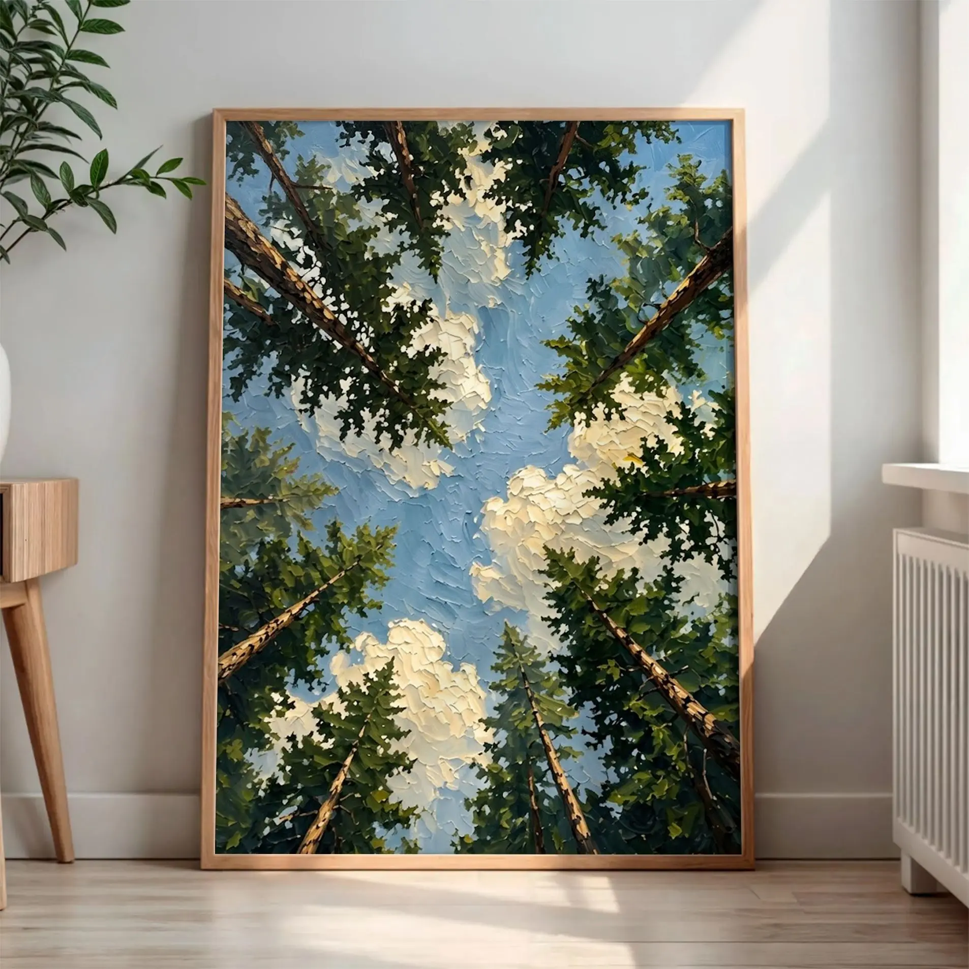 [30% OFF] [UNFRAMED] Majestic Forest Canopy Wall Art Print, Textured Pine Tree Sky Painting, Woodland Nature Cabin Decor Poster