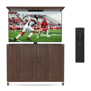 Solid Wood Outdoor Motorized TV Lift Cabinet with 360° Rotating Wheels, Waterproof TV Enclosure with Remote, Remote Control Pop-Up TV Stand for 32" to 65" TVs, Hidden TV Console