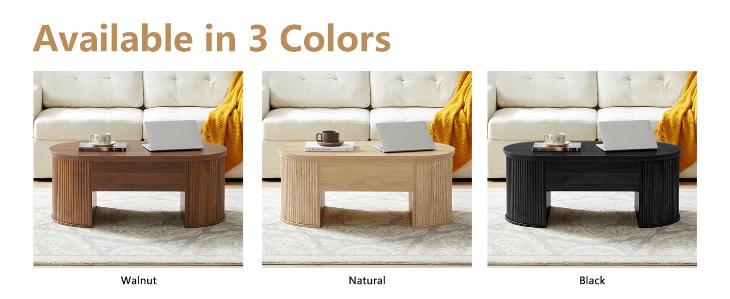 Giratree Fluted Coffee Table with Lifting Top, Oval Wood Lift Top Coffee Table with Hidden Compartment, Mid Century Pull up Center Tables for Living Room, Office
